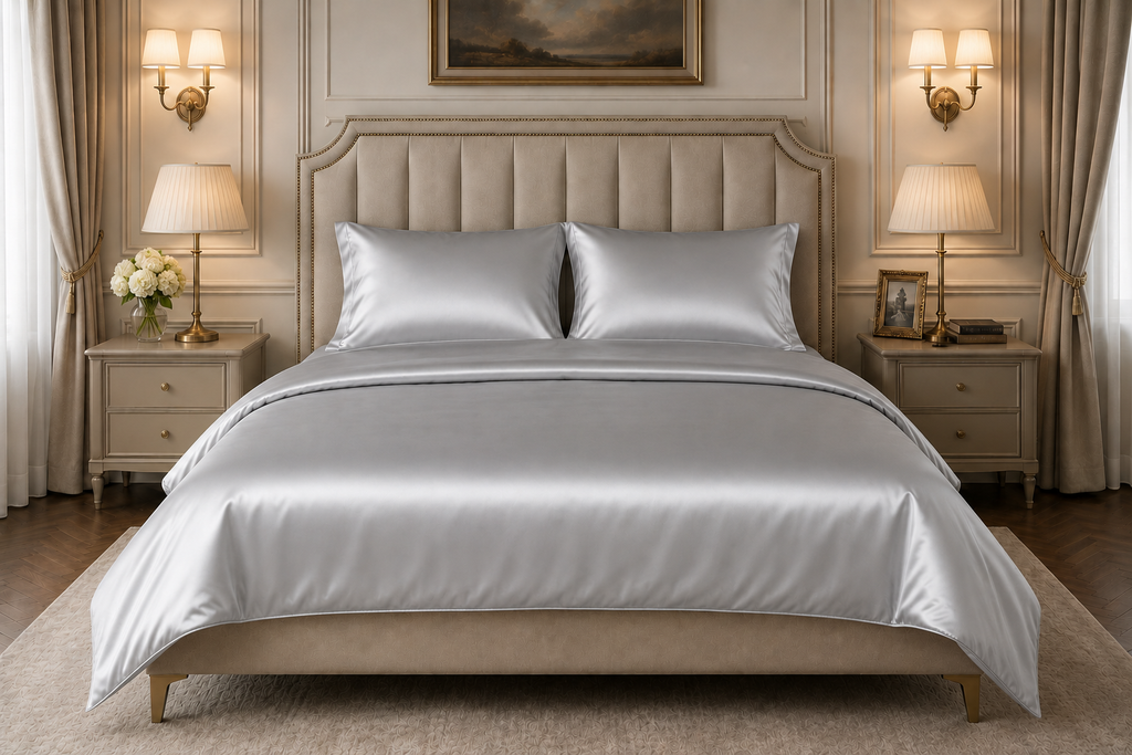 22 Momme Pure Mulberry Silk Full Bedding Set 4Pcs (Silver)