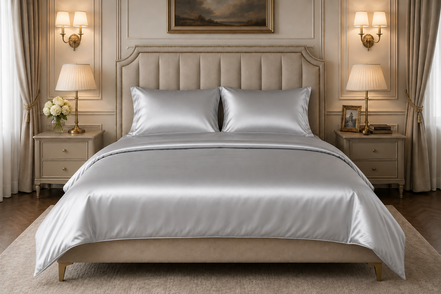 22 Momme Pure Mulberry Silk Full Bedding Set 4Pcs (Silver)